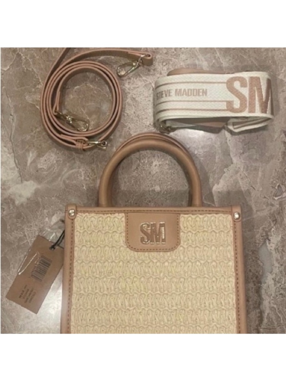 Steve Madden Beige Woven Top-Handle Crossbody Bag with Logo Strap - Picture 7 of 7